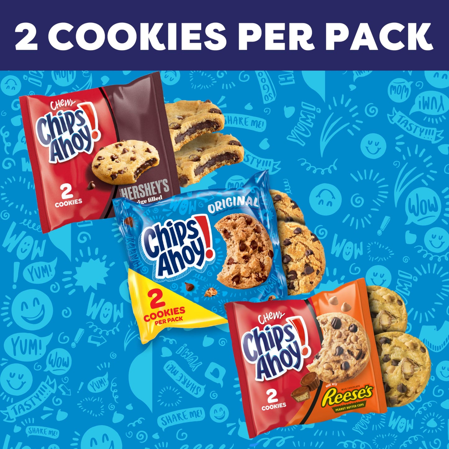 CHIPS AHOY! Cookies Variety Pack, Original Chocolate Chip, Chewy Chocolate Chip with Reese's Peanut Butter Cups & Chewy Hershey's Fudge Filled Soft Cookies, 50 Snack Packs