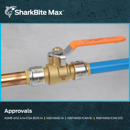 SharkBite Max 1/2 x 1/2 Inch Ball Valve, Push To Connect Brass Water Shut-Off Plumbing Fitting, UR22222