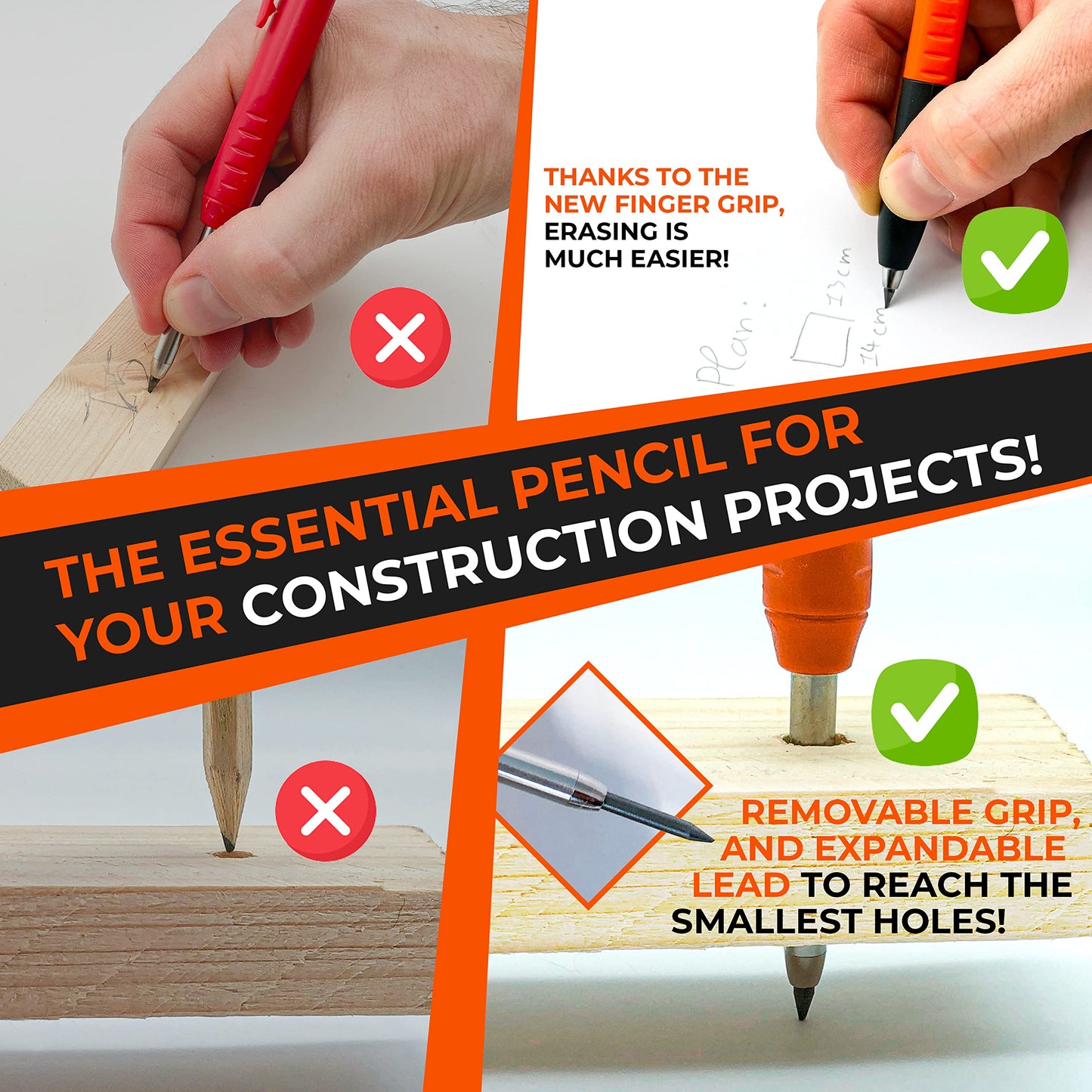 THORVALD New 2-in-1 Carpenter Pencils with Finger Grip for Carpenter (Incl. 7 Leads + Sharpener) Solid Mechanical Pencils with Fine Point/Best Marking tools Construction/Carpenters/Scriber