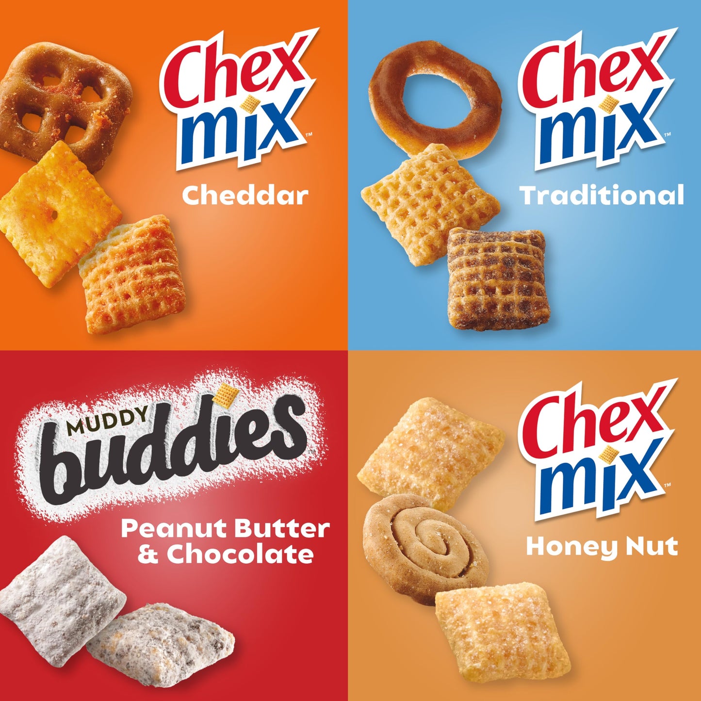 Chex Sweet & Salty Snack Variety Pack, Individually Wrapped Snack Bags, Party and Lunch Packs, Muddy Buddies Peanut Butter and Chocolate, Chex Mix Traditional, Cheddar, Honey Nut, 35 oz/20 Bags