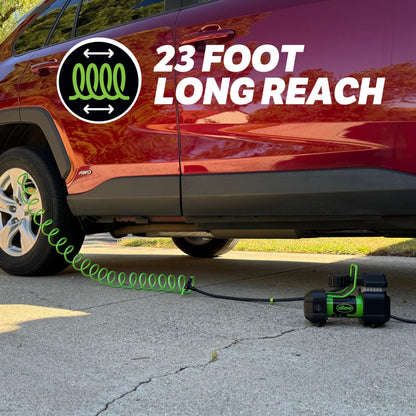 Slime 40045 Home Tire Inflator, Wall Mounted 120V, SUV, 4x4 Air Compressor, Heavy Duty, 2X Pro Power, with Analog 100 psi Dial Gauge, Long Hose and LED Light, 4 min Inflation