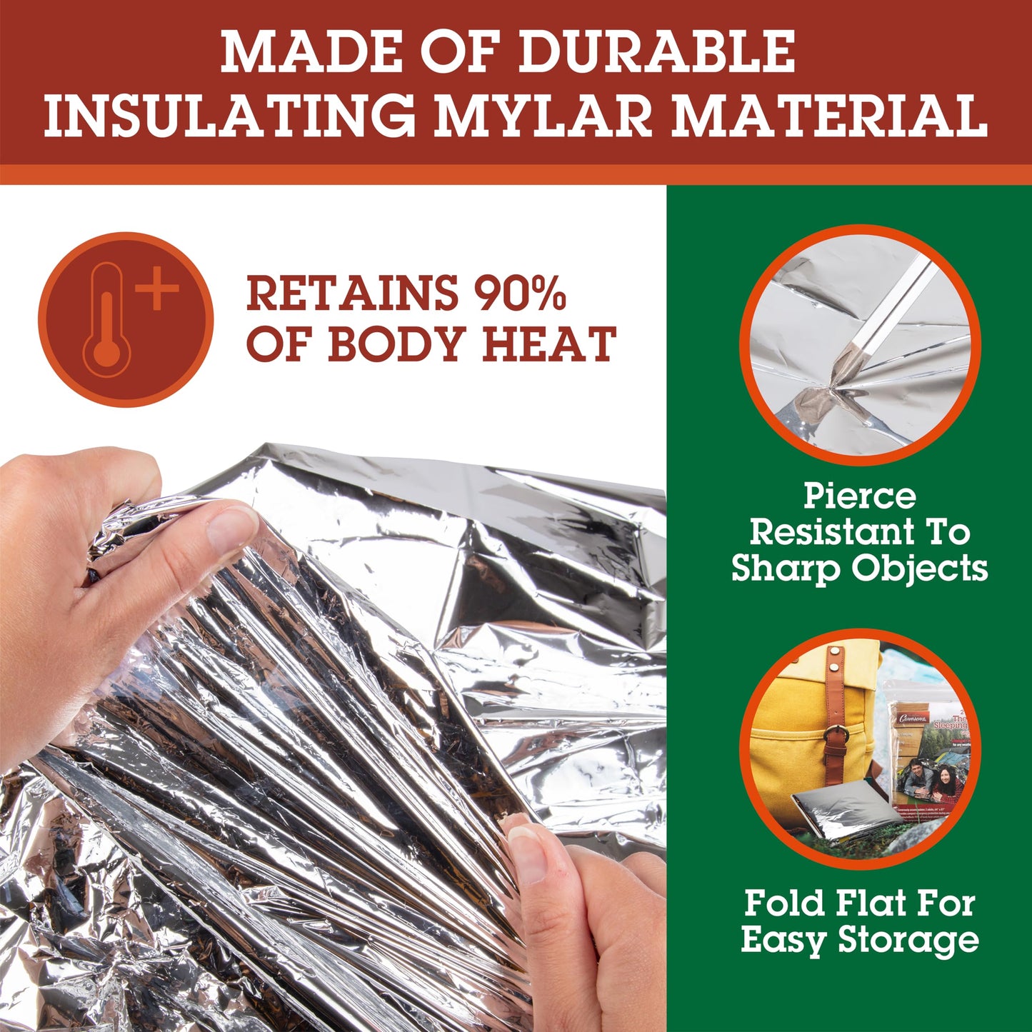 Emergency Thermal Mylar 2 Person Sleeping Bags- 1 Pack -Ultra Compact for Camping, Survival, Disaster Bivouac Shelter- Pocket Sized, 7.25ft x 5.25ft - Retains 90% of Body Heat and Repels Wind & Water