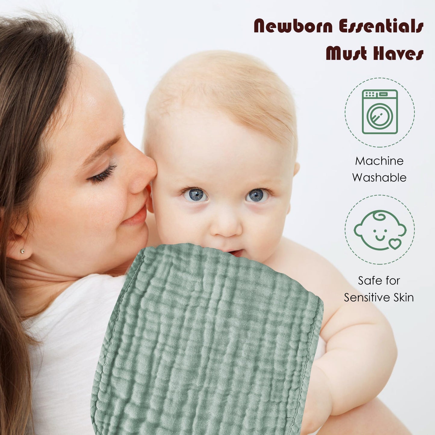 Spotted Play Muslin Burp Cloths 100% Cotton Large 20''x10'' Extra Soft and Absorbent Baby Wash Cloths Spit Up Rags - Baby Burping Cloth for Boys Girls Items(12 Pack Green)