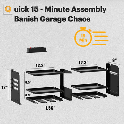 Spampur Power Tool Organizer Wall Mount with Charging Station, 3 Layer Heavy Duty Metal Tool Storage Rack Loads 4200lbs with 6 Cordless Drill Holder, Tool Storage Rack with 4 Outlet Power Strip