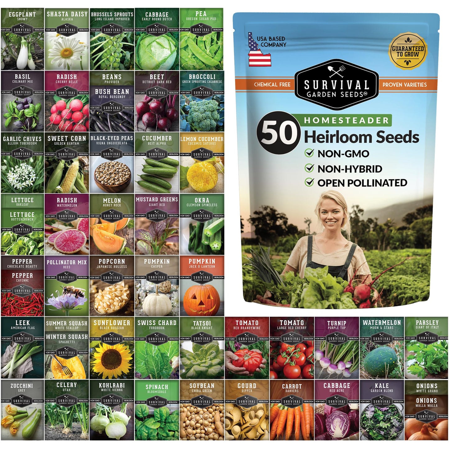 Survival Garden Seeds Homesteader Collection – 50 Heirloom Packets of Vegetables, Herbs, and Flowers for Victory Garden Planting and Emergency Storage