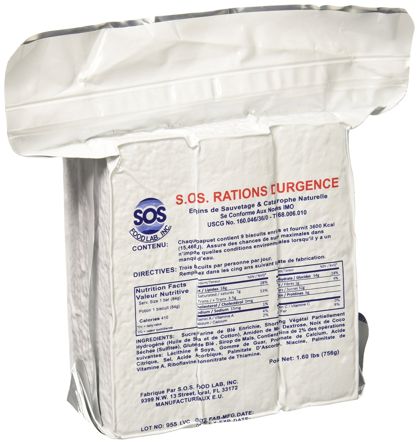 S.O.S. Rations Emergency 3600 Calorie Food Bar - 3 Day / 72 Hour Package with 5 Year Shelf Life Net wt. 1.60lbs (756g)