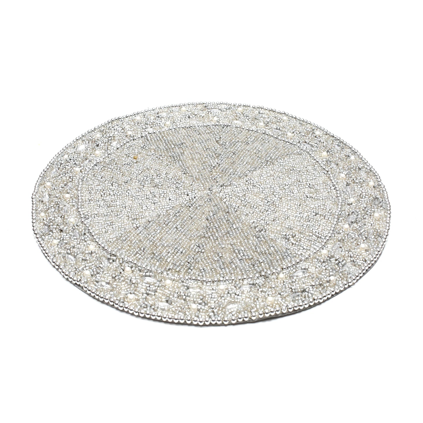 13" Round Beaded Placemat - Handcrafted Glass Beads in White Silver - Luxury Dining Table Decor, Wedding & Housewarming Gift, Holiday Use Pack of 1 by ALPHA Living HOME