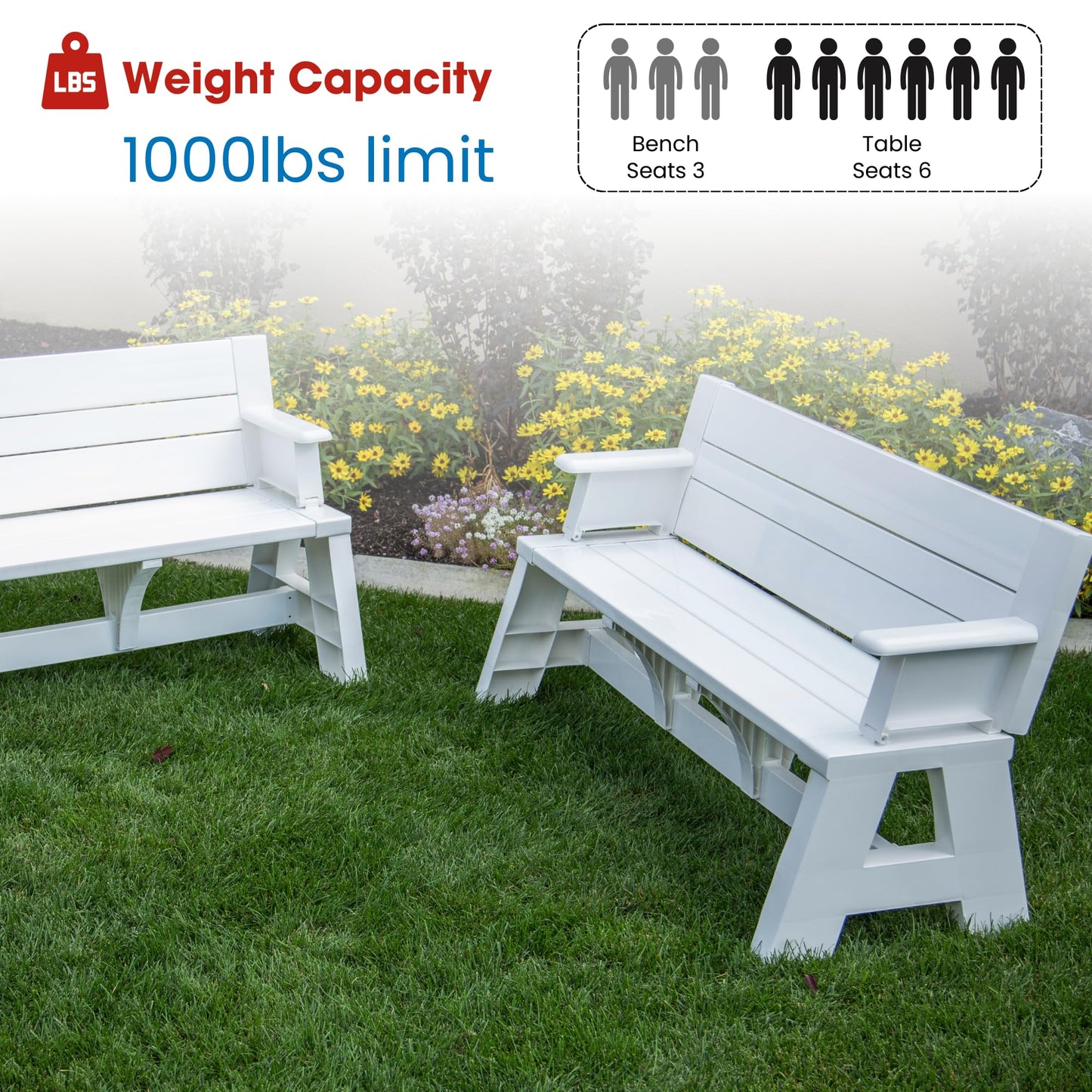 Convert-a-Bench Gen 1 2-in-1 Outdoor Convertible Bench to Picnic Table | Space-Saving, Weather-Resistant Patio Furniture for Yard, Deck, Garden | Easy Assembly & Durable Design -1 Bench/Order, White