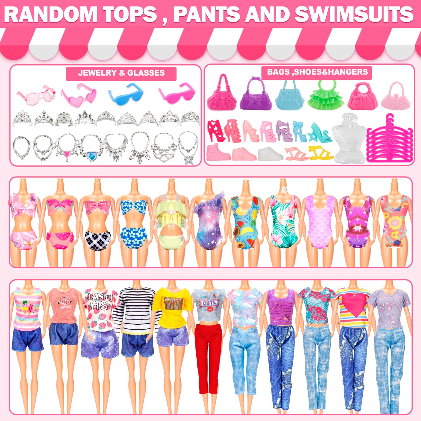 130 Pcs Doll Clothes and Accessories Kit, Including 4 Princess Gowns 8 Fashion Dresses 3 Tops 3 Pants 2 Bikini Swimsuits 20 Shoes 20 Accessories and Hangers for 11"-12" Dolls