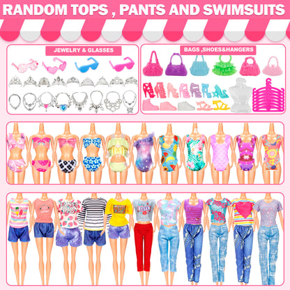 130 Pcs Doll Clothes and Accessories Kit, Including 4 Princess Gowns 8 Fashion Dresses 3 Tops 3 Pants 2 Bikini Swimsuits 20 Shoes 20 Accessories and Hangers for 11"-12" Dolls