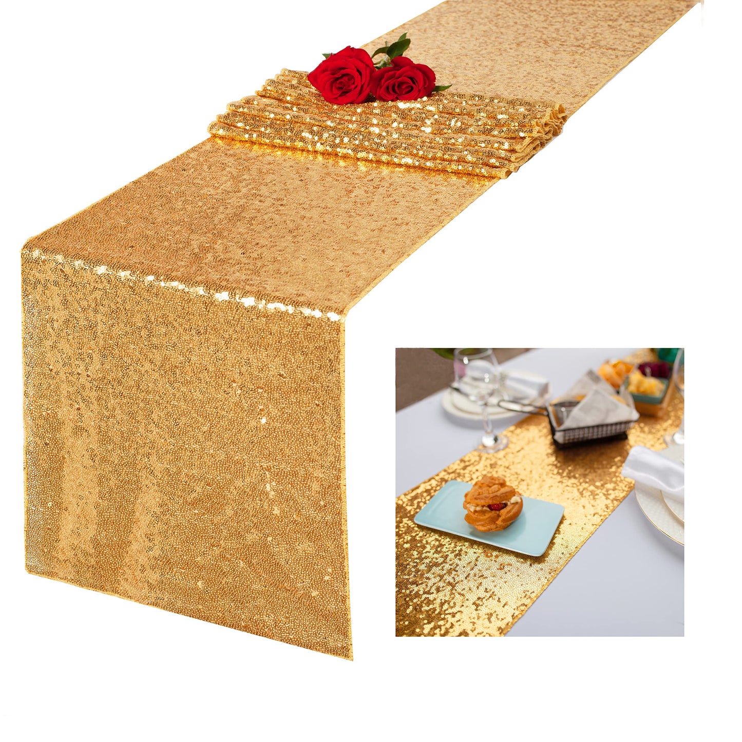 Charoama Glitter Gold Table Runners-12 by 108 Inch Luxury Linens -Gold Event Outdoor Party Supplies Fabric Decorations Gift Package for Holiday Wedding Birthday Baby Shower Dining Room Table Decor