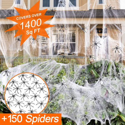 1400 sqft Halloween Spider Webs Decorations with 150 Extra Fake Spiders, Super Stretchy Cobwebs for Halloween Decor Indoor and Outdoor