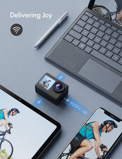 WOLFANG GA200 24MP 4K Action Camera 40M Waterproof Underwater Camera for Snorkeling, EIS WiFi Adjustable Wide Angle Dual Screen Camera for Vlog, Webcam(Charger, Remote Control and Helmet Accessories)