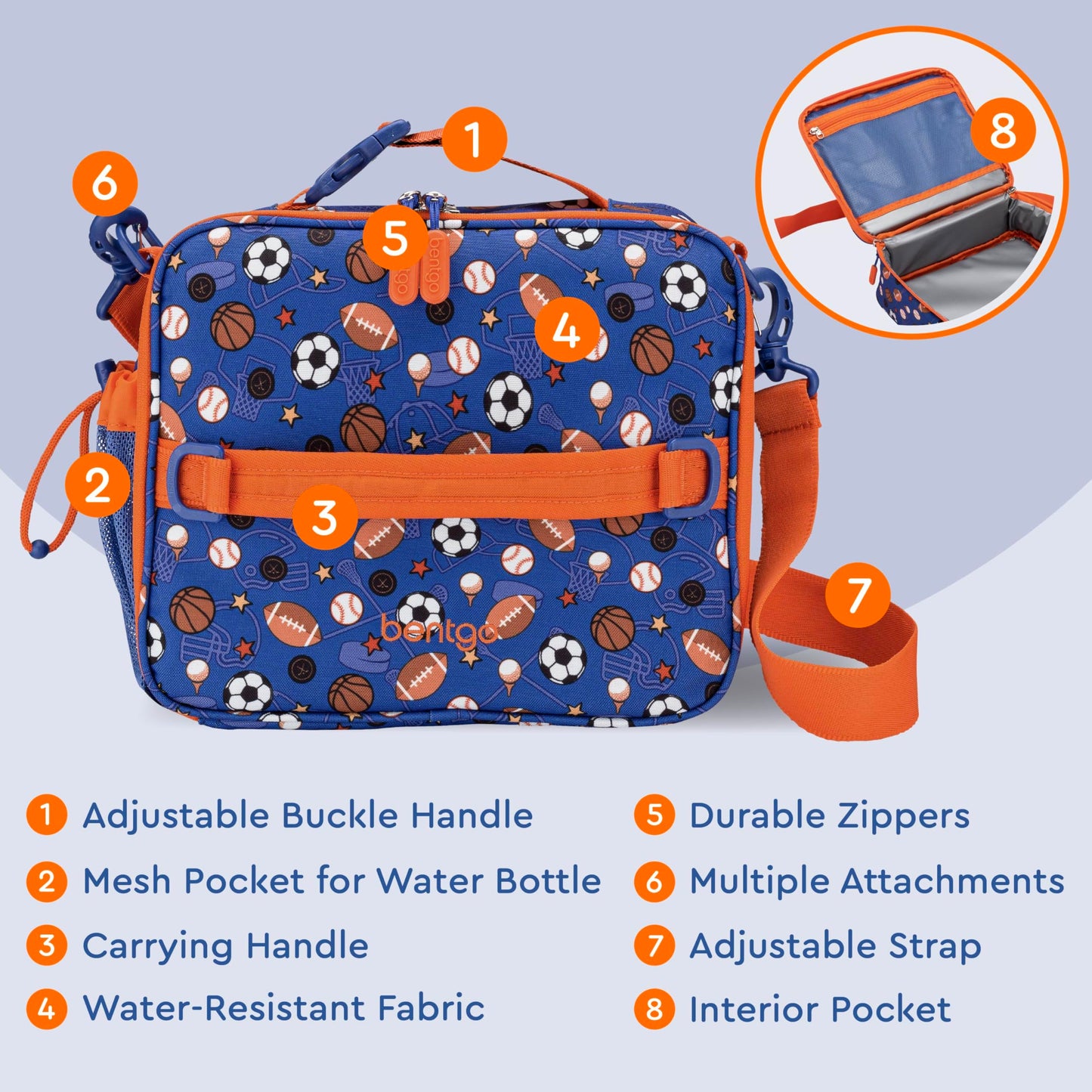 Bentgo Kids Lunch Bag - Durable, Double-Insulated Lunch Bag for Kids 3+; Holds Lunch Box, Water Bottle, & Snacks; Easy-Clean Water-Resistant Fabric & Multiple Zippered Pockets (Sports)