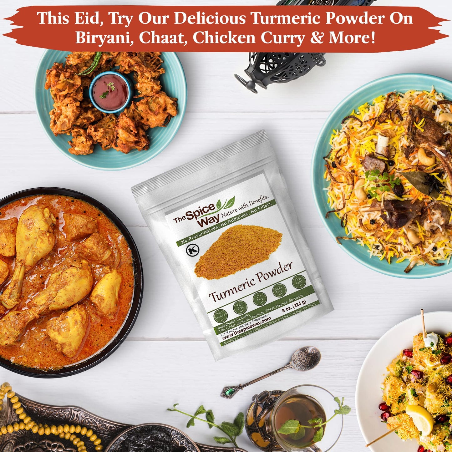 The Spice Way Turmeric Powder - (8 oz) powdered ground tumeric root (curcuma) - Great turmeric root fresh for curries, soups, teas, masala, and golden milk or tumeric powder for skin