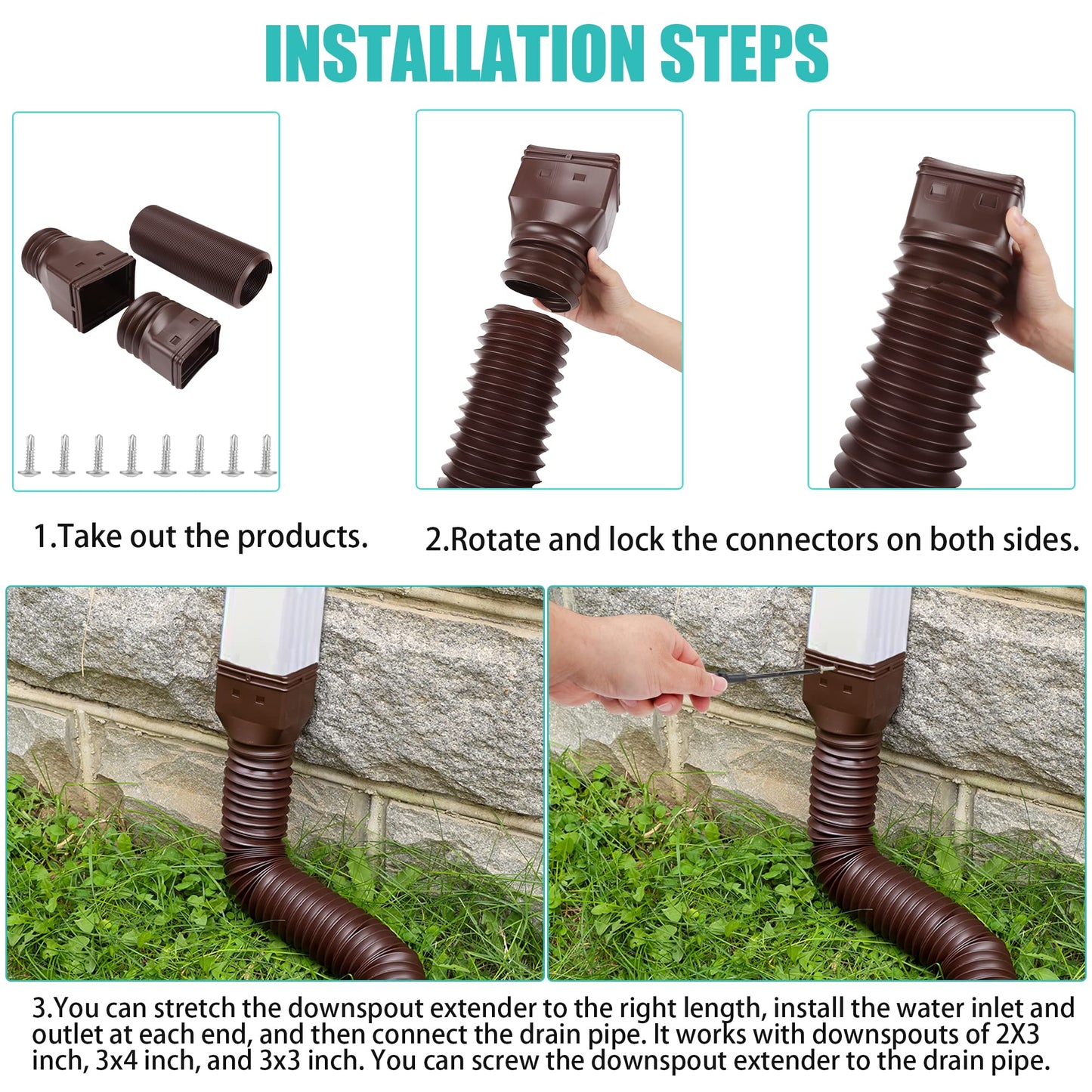 PXCAYFF 2 Pack Rain Gutter Downspout Extensions Flexible,Downspout Extender Diverter Extendable from 21" to 58". Drain Pipe Connector Extendable for Most Residential Downspouts (Brown)