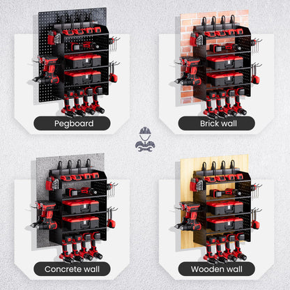 TRZZ Power Tool Organizer Wall Mount, 5-Layer Charging Station with 8 Outlets, 6 Drill Holders, 2 Side Pegboards, and Drill Bit Rack for Garage, Workbench, and Workshop (Black)