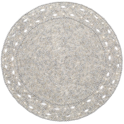 13" Round Beaded Placemat - Handcrafted Glass Beads in White Silver - Luxury Dining Table Decor, Wedding & Housewarming Gift, Holiday Use Pack of 1 by ALPHA Living HOME