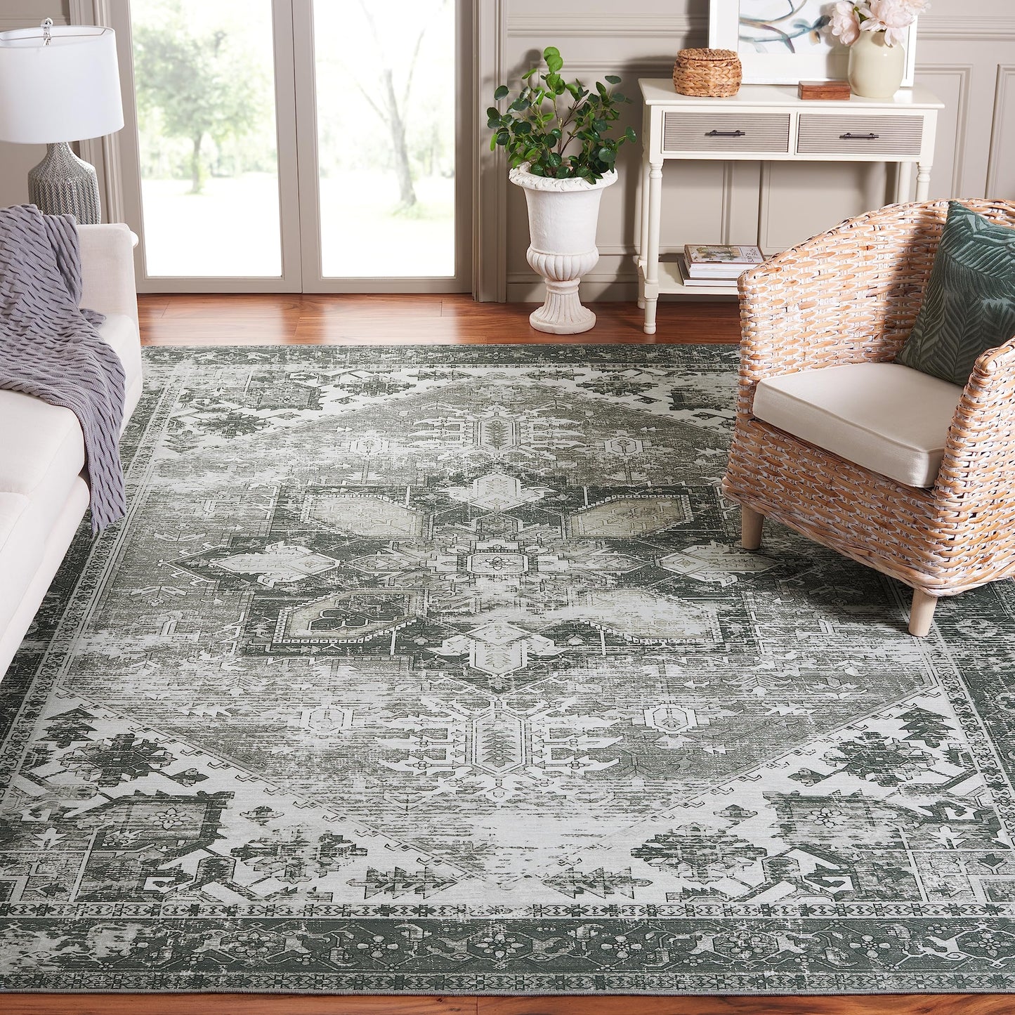 SAFAVIEH Tucson Collection Area Rug - 10' Square, Dark Sage/Ivory, Geometric Design, Machine Washable Indoor/Outdoor & Washable-Ideal for Patio, Backyard, Mudroom (TSN102F)