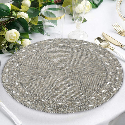 13" Round Beaded Placemat - Handcrafted Glass Beads in White Silver - Luxury Dining Table Decor, Wedding & Housewarming Gift, Holiday Use Pack of 1 by ALPHA Living HOME