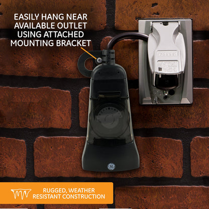 GE 24-Hour Heavy-Duty Outdoor Mechanical Timer, 2 Grounded Outlet Timer, Programmable Daily Cycle, 30-Minute Interval Outdoor Timer, Weather Resistant, Outdoor Light Timer, Black, 1 Pack, 15138