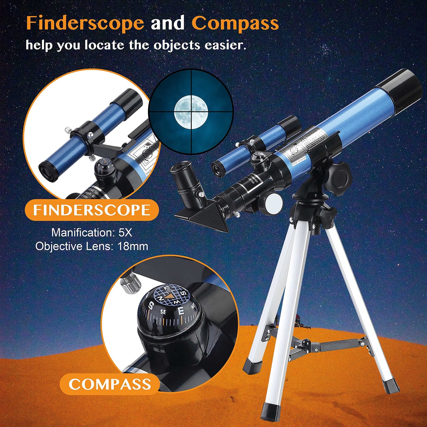 AOMEKIE Telescopes 40/400 with Tabletop Tripod 2 Eyepieces Portable Telescopes for Astronomy Beginners with Finderscope and Compass,Space, Gifts