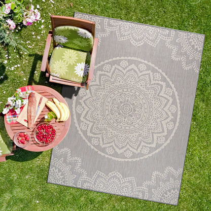 CAMILSON Outdoor Rug 5x7 Modern Area Rugs for Indoor and Outdoor Patios and Porches - Waterproof, Washable, Non-Shedding, Easy-to-Clean Outside Carpet (5 x 7, Medallion - Grey/White)