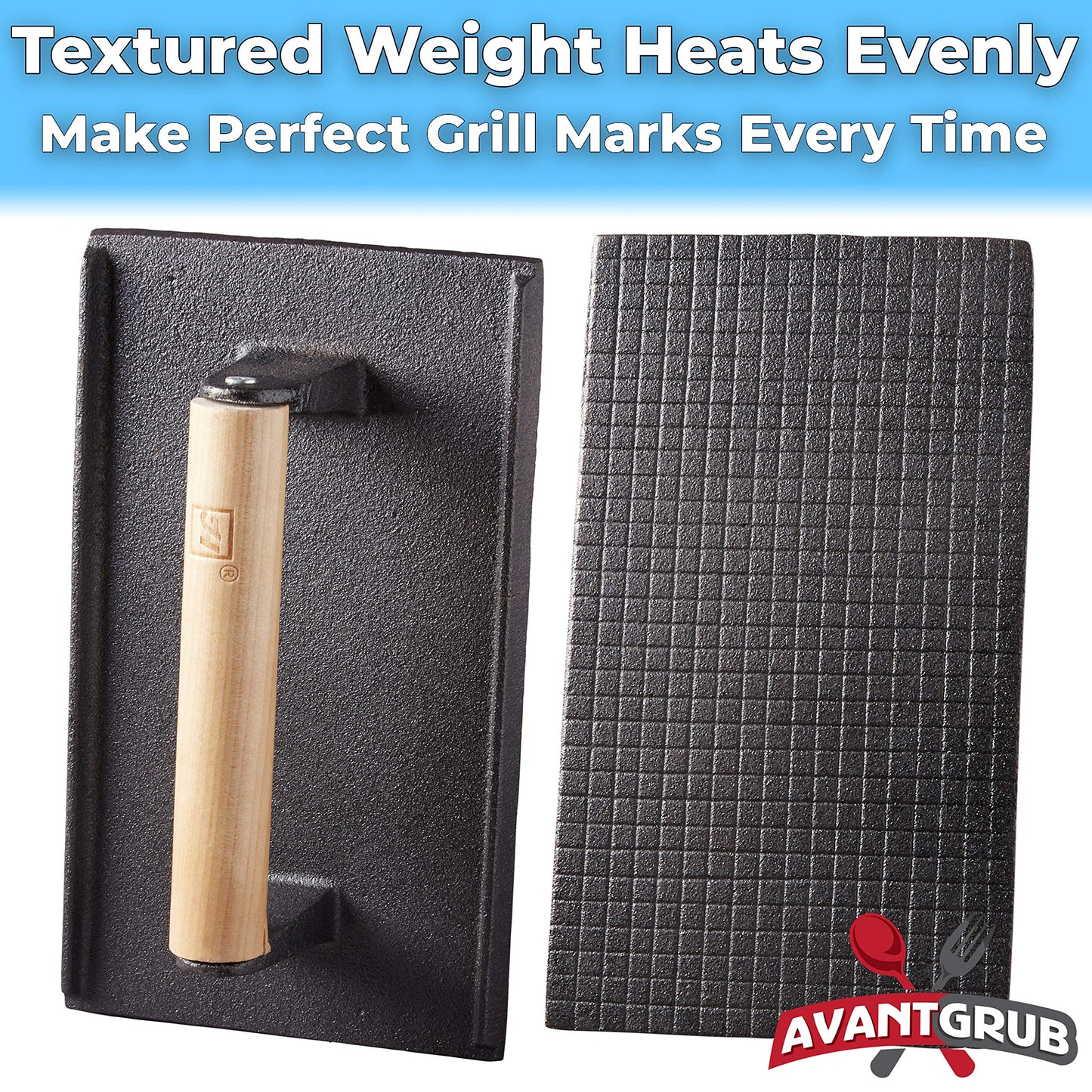 Pro Grade, Pre Seasoned Cast Iron Grill Weight 3Pk. Heavy Duty Steak and Burger Press with Wooden Handle for Grills, Griddles and Flattops. Perfect Gadget for Bacon, Paninis, Sandwiches and Vegetables