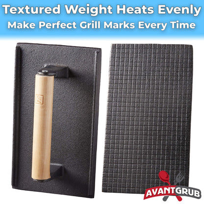 Pro Grade, Pre Seasoned Cast Iron Grill Weight 3Pk. Heavy Duty Steak and Burger Press with Wooden Handle for Grills, Griddles and Flattops. Perfect Gadget for Bacon, Paninis, Sandwiches and Vegetables