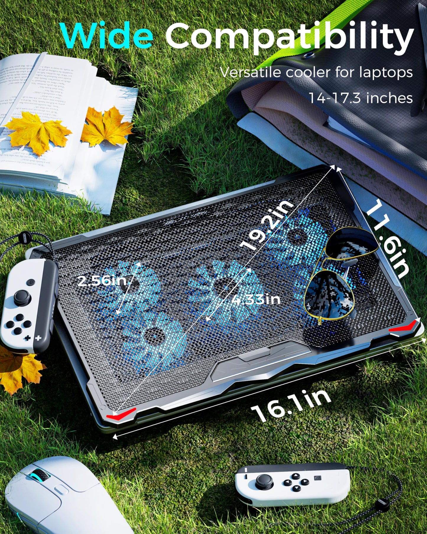 AICHESON Laptop Cooling Pad 5 Fans Up to 17.3 Inch Heavy Notebook Cooler, Blue LED Lights, 2 USB Ports, S035, Blue-5fans