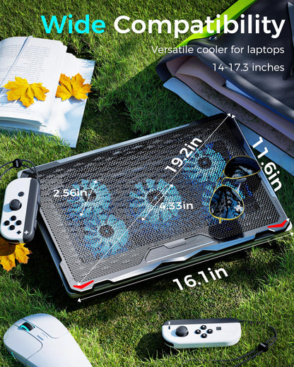 AICHESON Laptop Cooling Pad 5 Fans Up to 17.3 Inch Heavy Notebook Cooler, Blue LED Lights, 2 USB Ports, S035, Blue-5fans