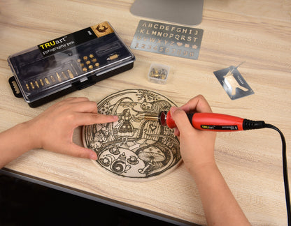 TRUArt Wood Burning Leather Pyrography Pen - Best Woodburning Crafts Tool Kit Set - Comes with 21 Different Tips - Dual Power Mode - 30W and 15W, Gourd