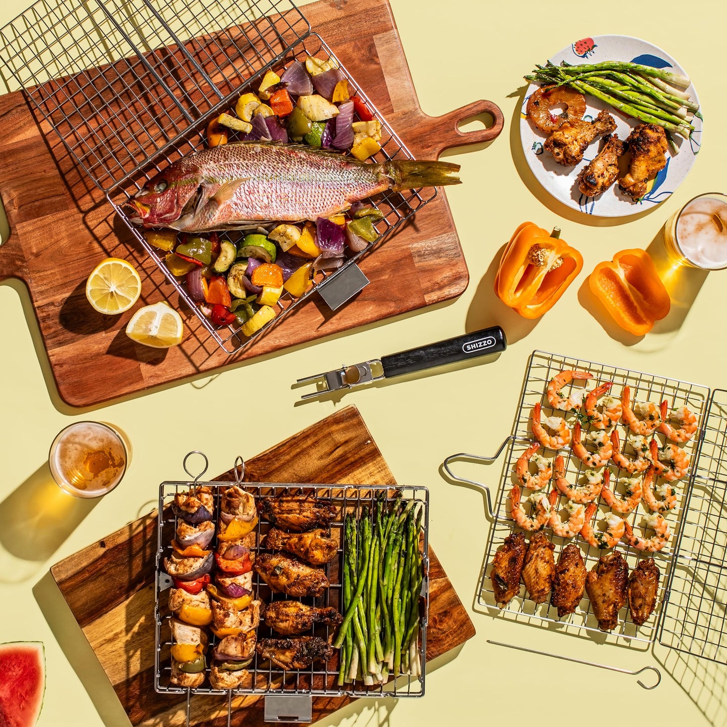 SHIZZO Grill Basket Set, Barbecue BBQ Grilling, Stainless Steel Folding Portable Outdoor Camping Rack for Fish, Shrimp, Vegetables, Cooking Accessories, Gifts for Dad, husband, Friends