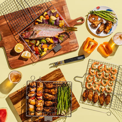 SHIZZO Grill Basket Set, Barbecue BBQ Grilling, Stainless Steel Folding Portable Outdoor Camping Rack for Fish, Shrimp, Vegetables, Cooking Accessories, Gifts for Dad, husband, Friends