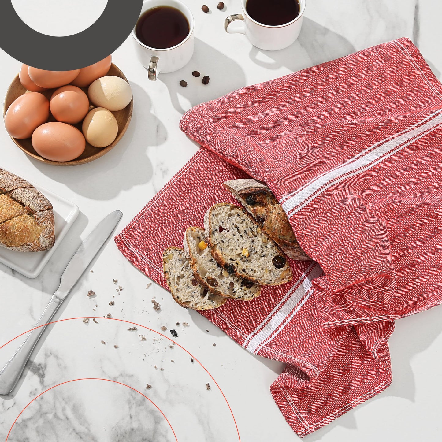 Zeppoli Classic 15 Pack 100% Natural Cotton Kitchen Towel Set, Reusable Wash Cloths, Absorbent Dish Towels, Machine Washable Hand Towels, Kitchen Essentials - 14' by 25' - Red Base