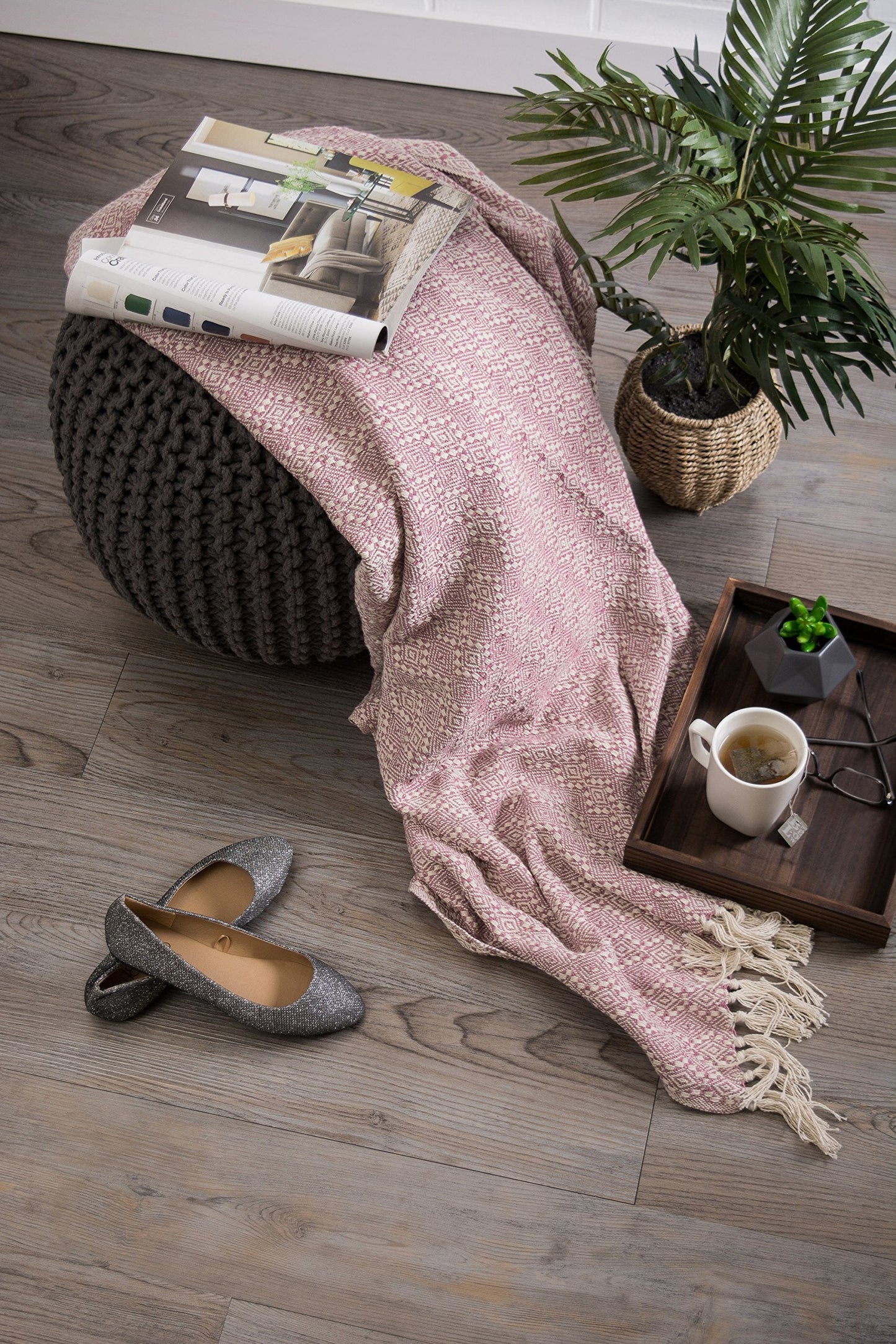 DII Diamond Stitch Woven Throw, Organic Modern, 50 x 60, Rose