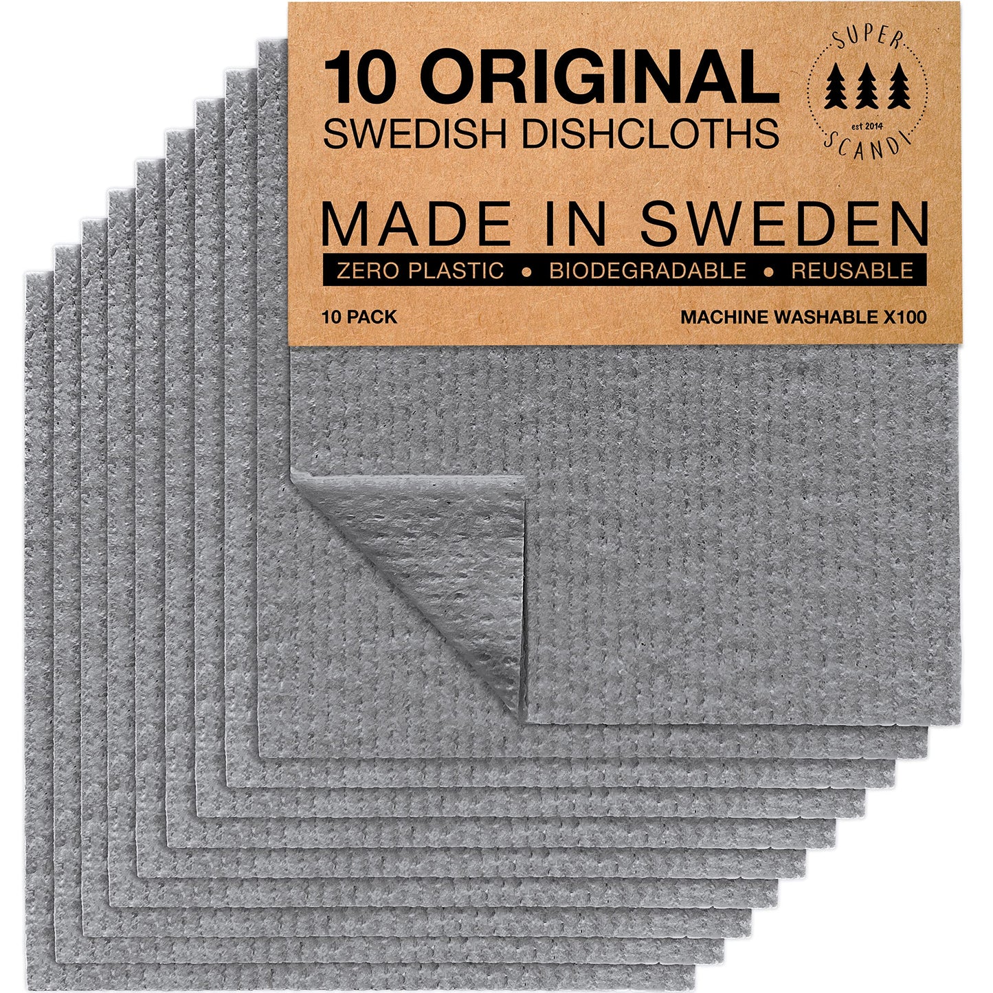 SUPERSCANDI 10 Pack Swedish Dishcloths for Kitchen - 100% Biodegradable & Compostable Reusable Paper Towels Washable, Food-Safe & Without Plastic - Dish Rags Suitable for Any Surface, Grey