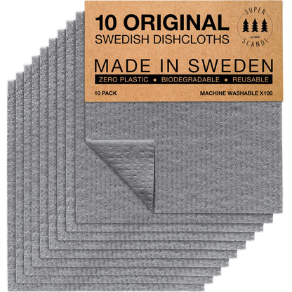 SUPERSCANDI 10 Pack Swedish Dishcloths for Kitchen - 100% Biodegradable & Compostable Reusable Paper Towels Washable, Food-Safe & Without Plastic - Dish Rags Suitable for Any Surface, Grey