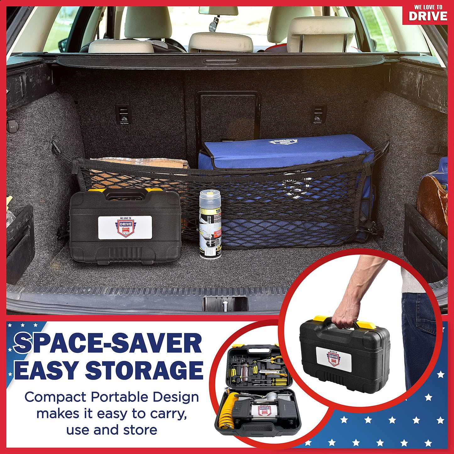 Tire Inflator Portable Air Compressor with Tire Repair Kit – 12V DC Dual Cylinder Air Pump for Car Tires, 150 PSI Tire Pump with Tire Pressure Gauge, Car Emergency Kit, and Cars Accessories Air Pump